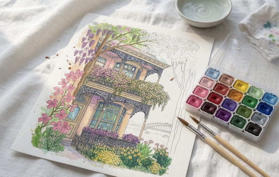 A watercolour in progress with brushes and palette