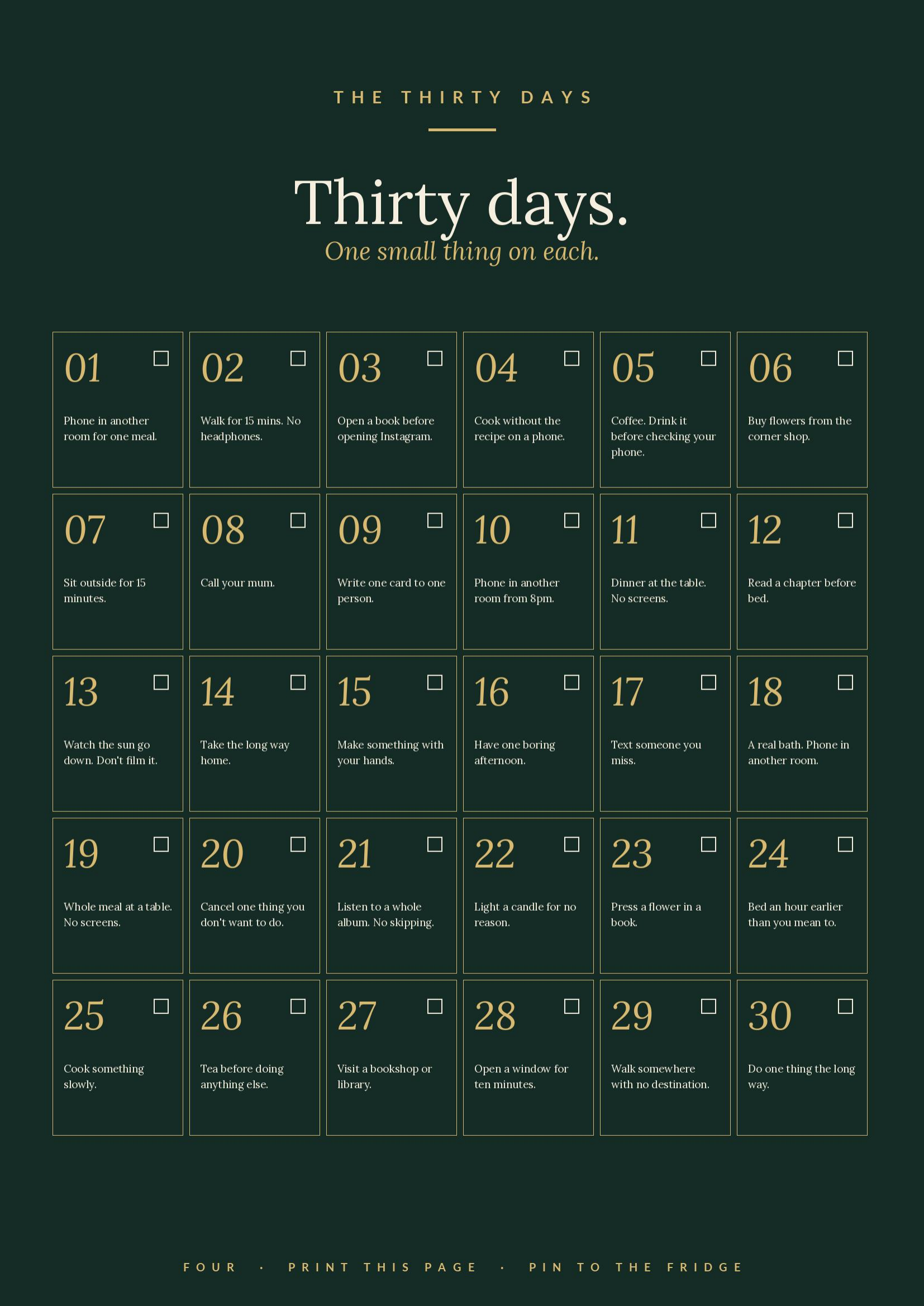 A thirty-day calendar with one small offline act on each day